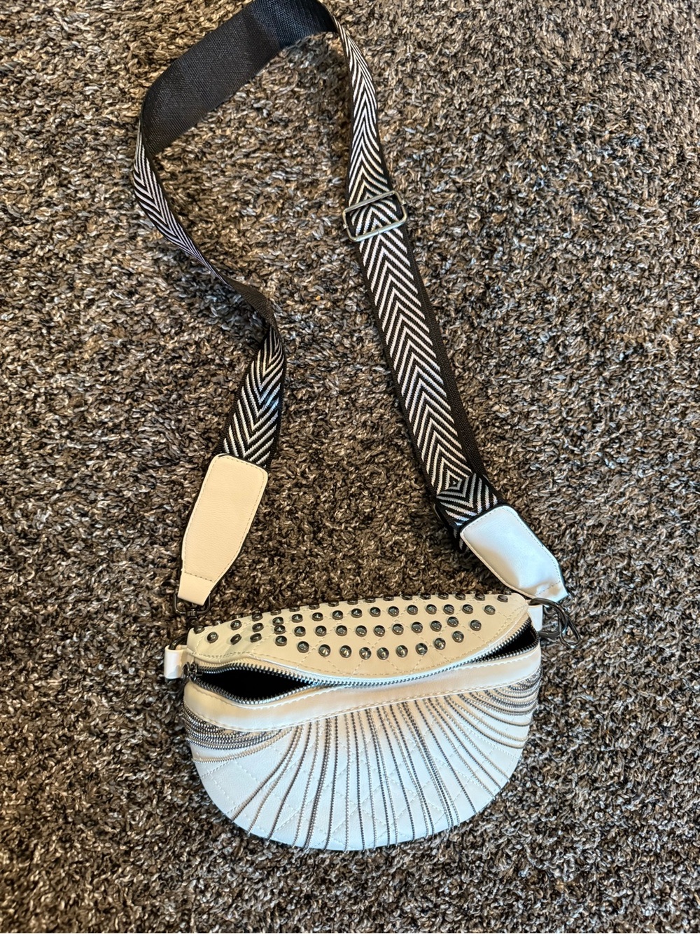 White Studded Crossbody Bag with Geometric Strap